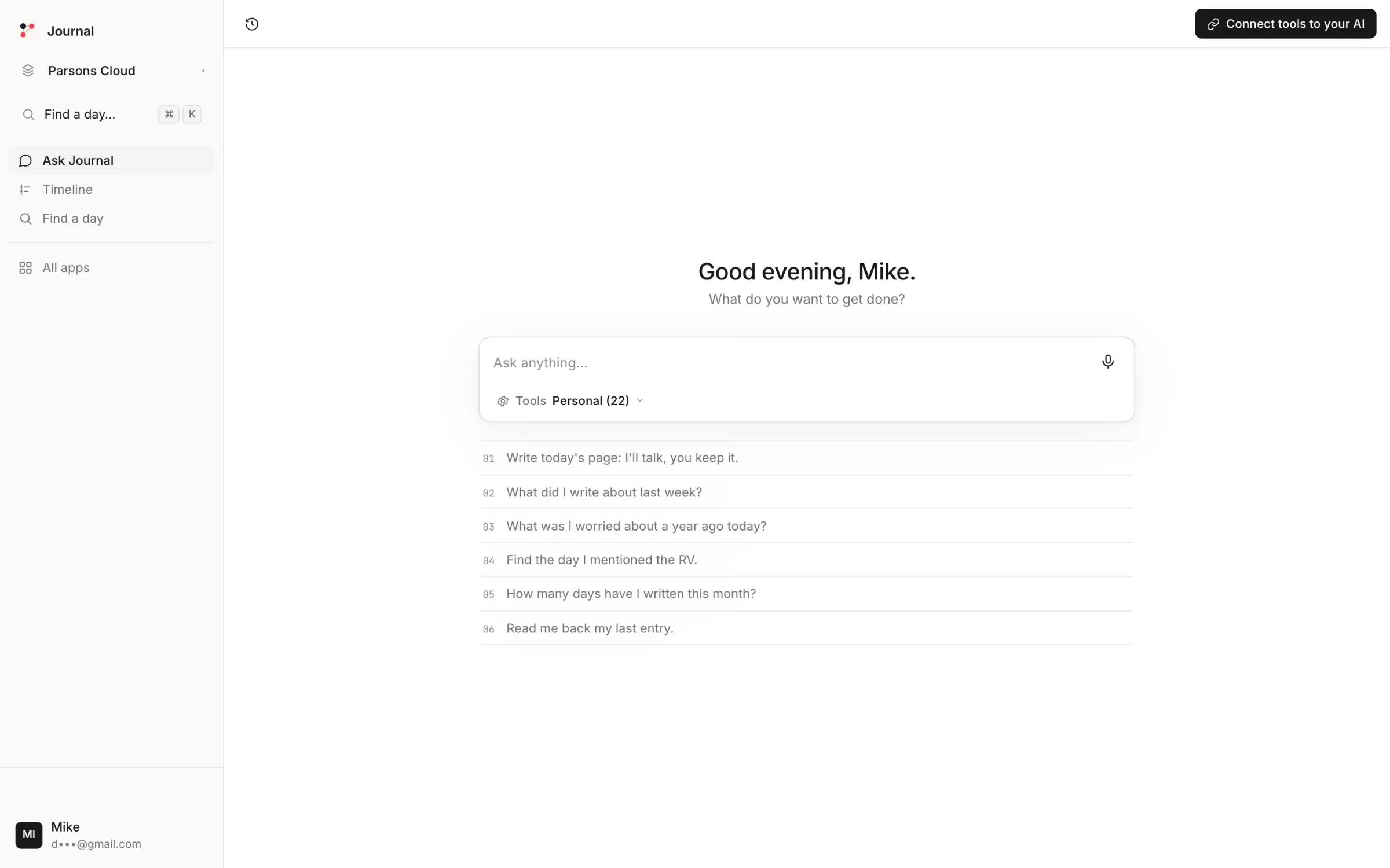 The Journal console: the chat, with prompts — what did I write about last week, find the day I mentioned the RV, how many days have I written this month.